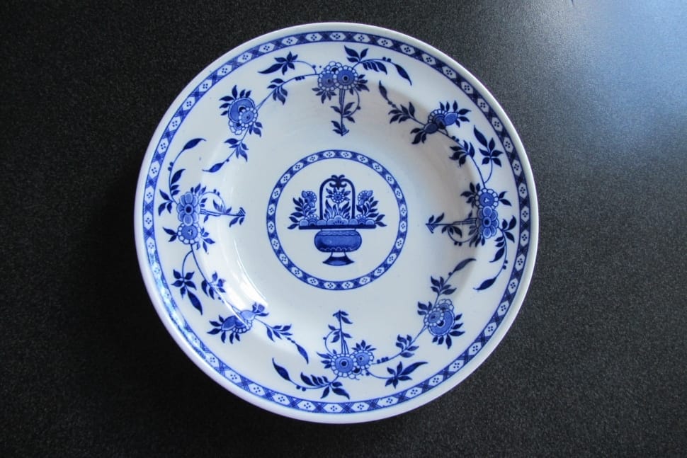 white and blue floral print ceramic plate preview