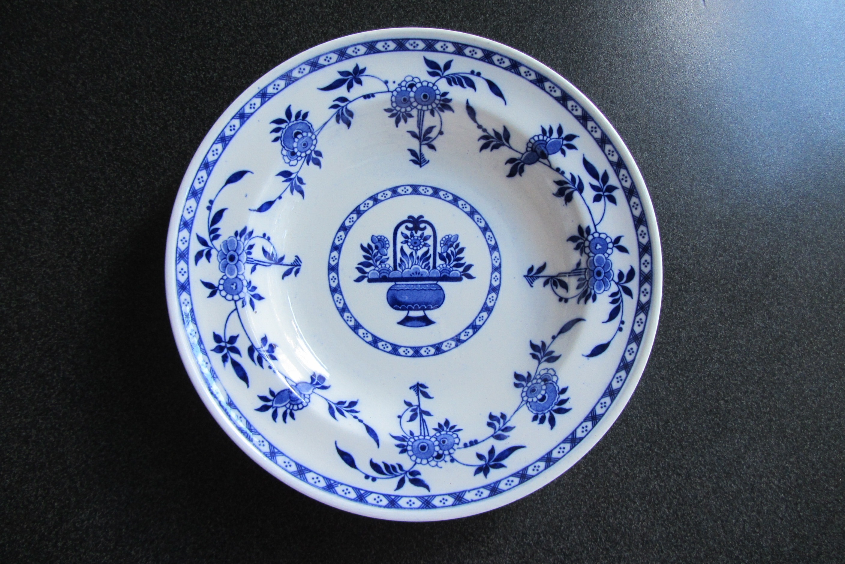 white and blue floral print ceramic plate