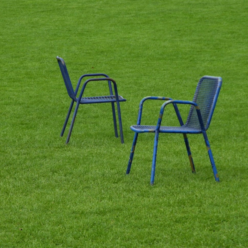 2 blue metal mesh arm chairs preview
