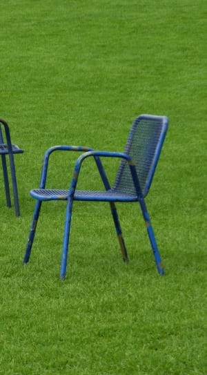 2 blue metal mesh arm chairs thumbnail