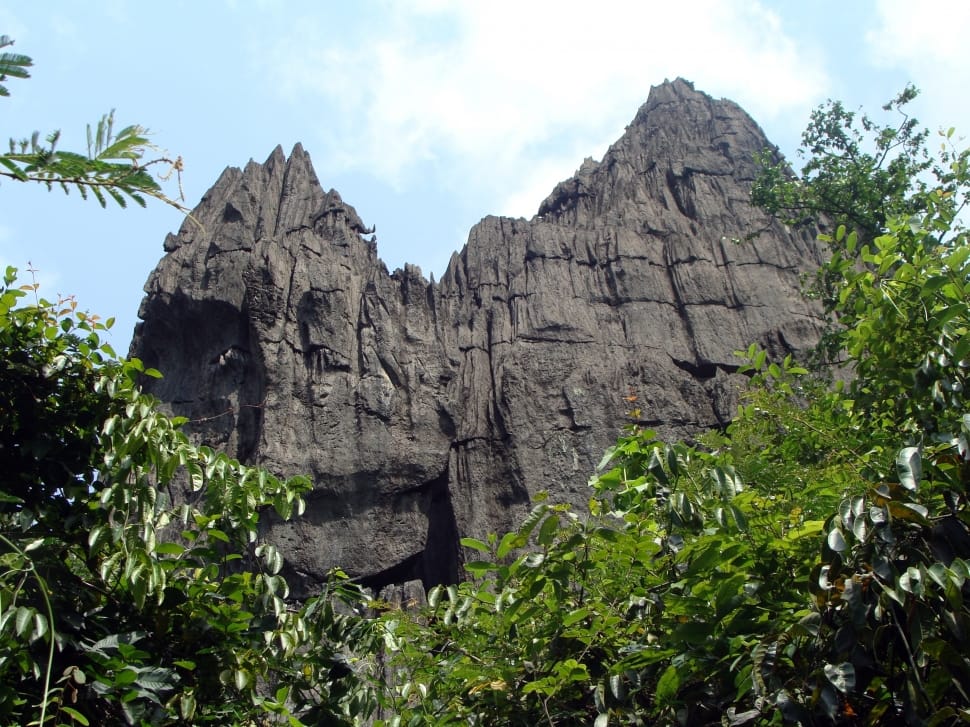 a view of gray mountain surrounded by green trees preview