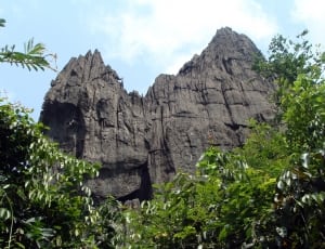a view of gray mountain surrounded by green trees thumbnail