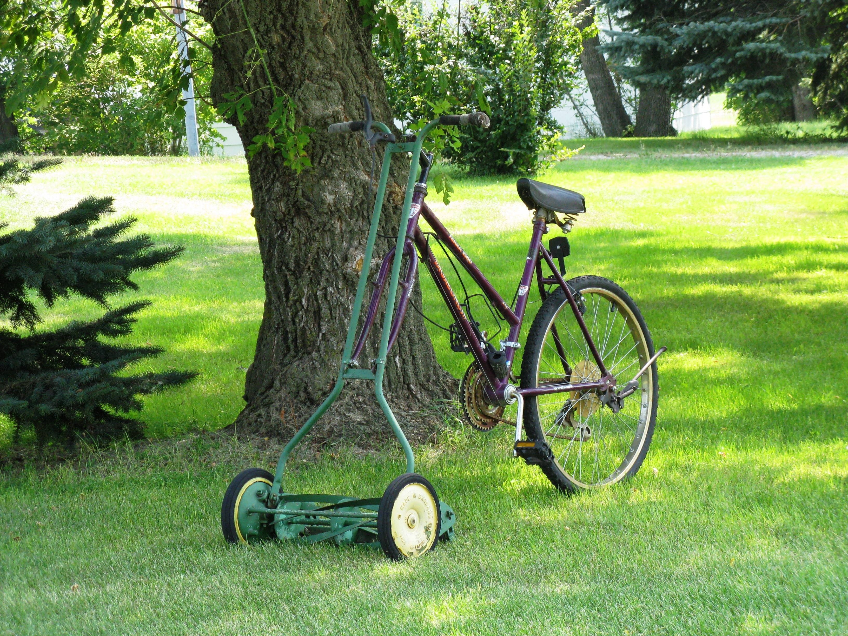 green bicycle reel mower