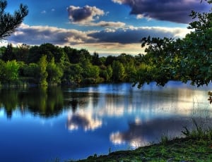 body of water between green leaf trees under blue and white cloudy sky photo thumbnail