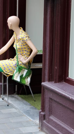 women's yellow and blue floral button up shirt dress and green leggings with sling bag thumbnail