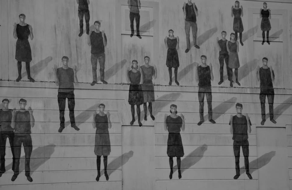 greyscale photo of people standing sketch preview