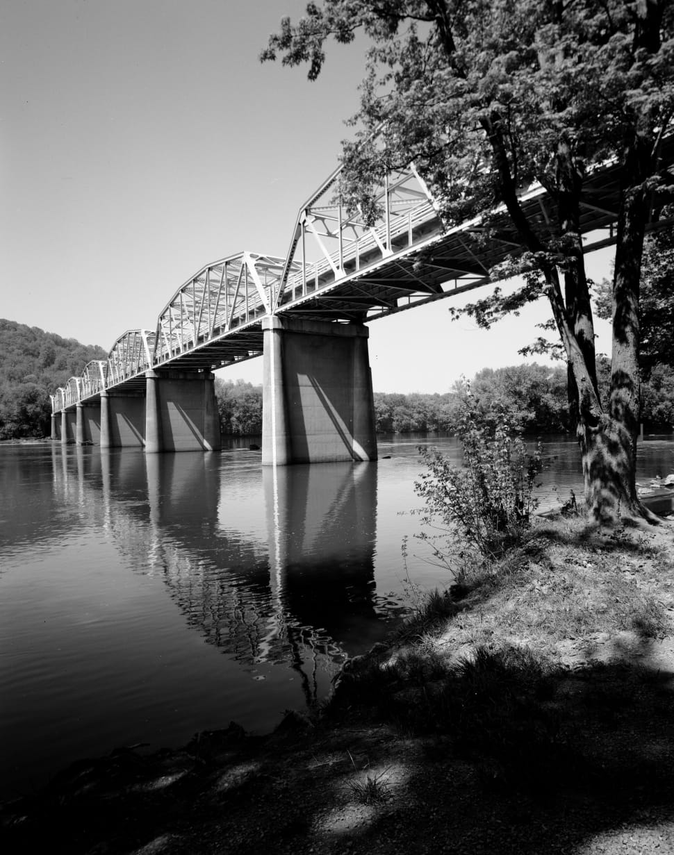 greyscale photography of full suspension bridge preview