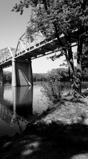 greyscale photography of full suspension bridge thumbnail