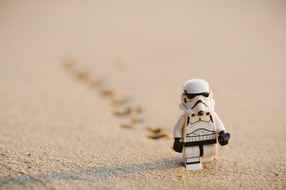 stormtrooper lego mini figure on sand preview