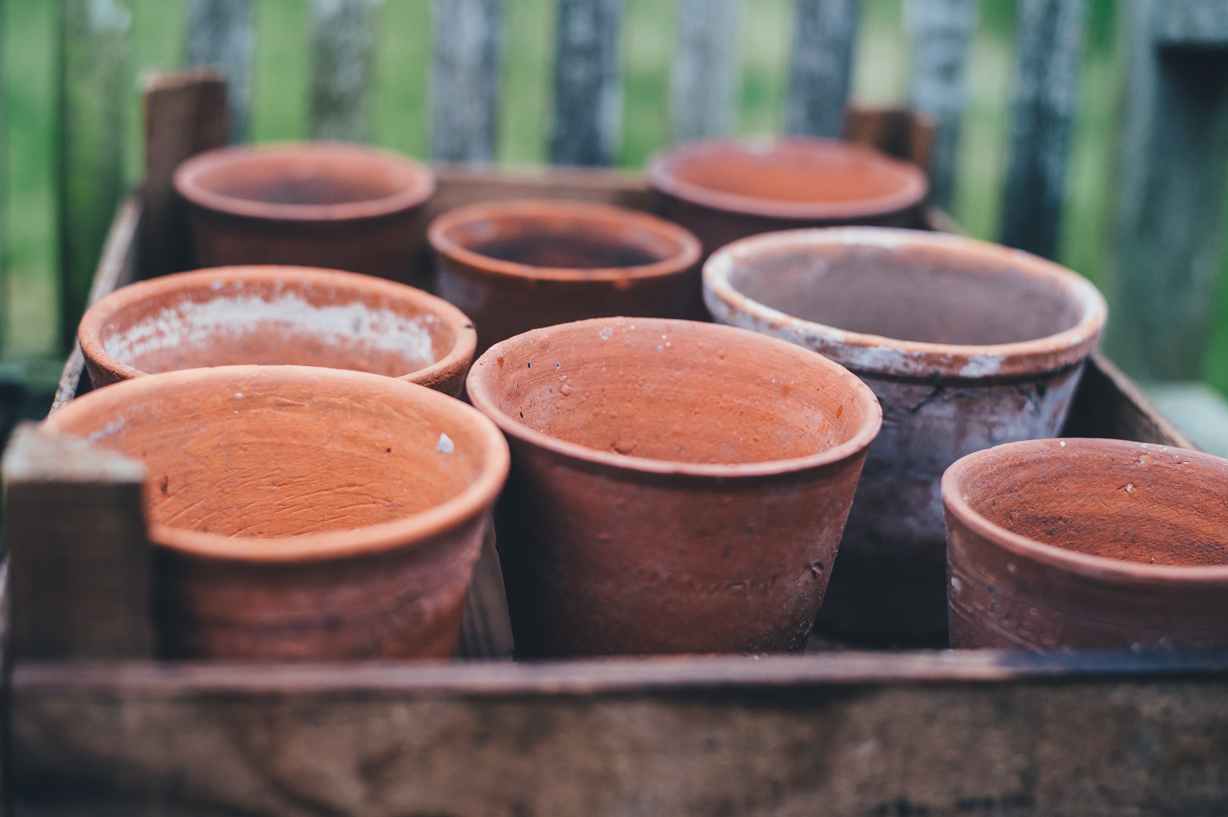 clay pots in crate