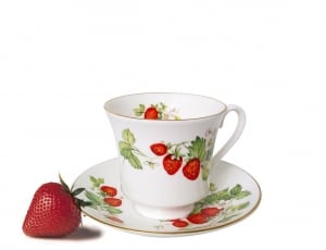 white and red strawberry printed teacup set thumbnail