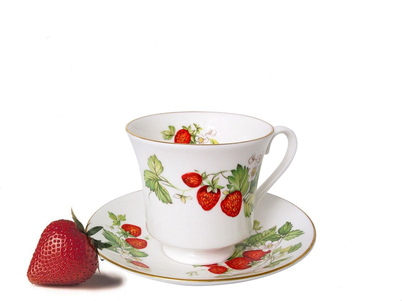 white and red strawberry printed teacup set
