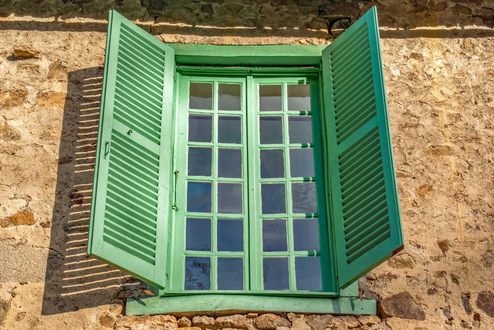 green wooden frame and clear glass window panel preview
