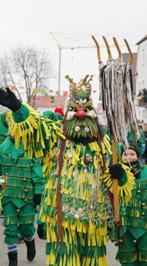 person wearing green and yellow rooster costume thumbnail