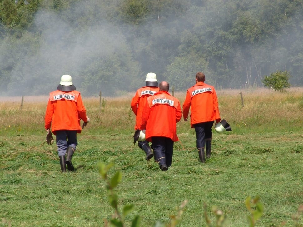 four firemen walking on green grass field preview