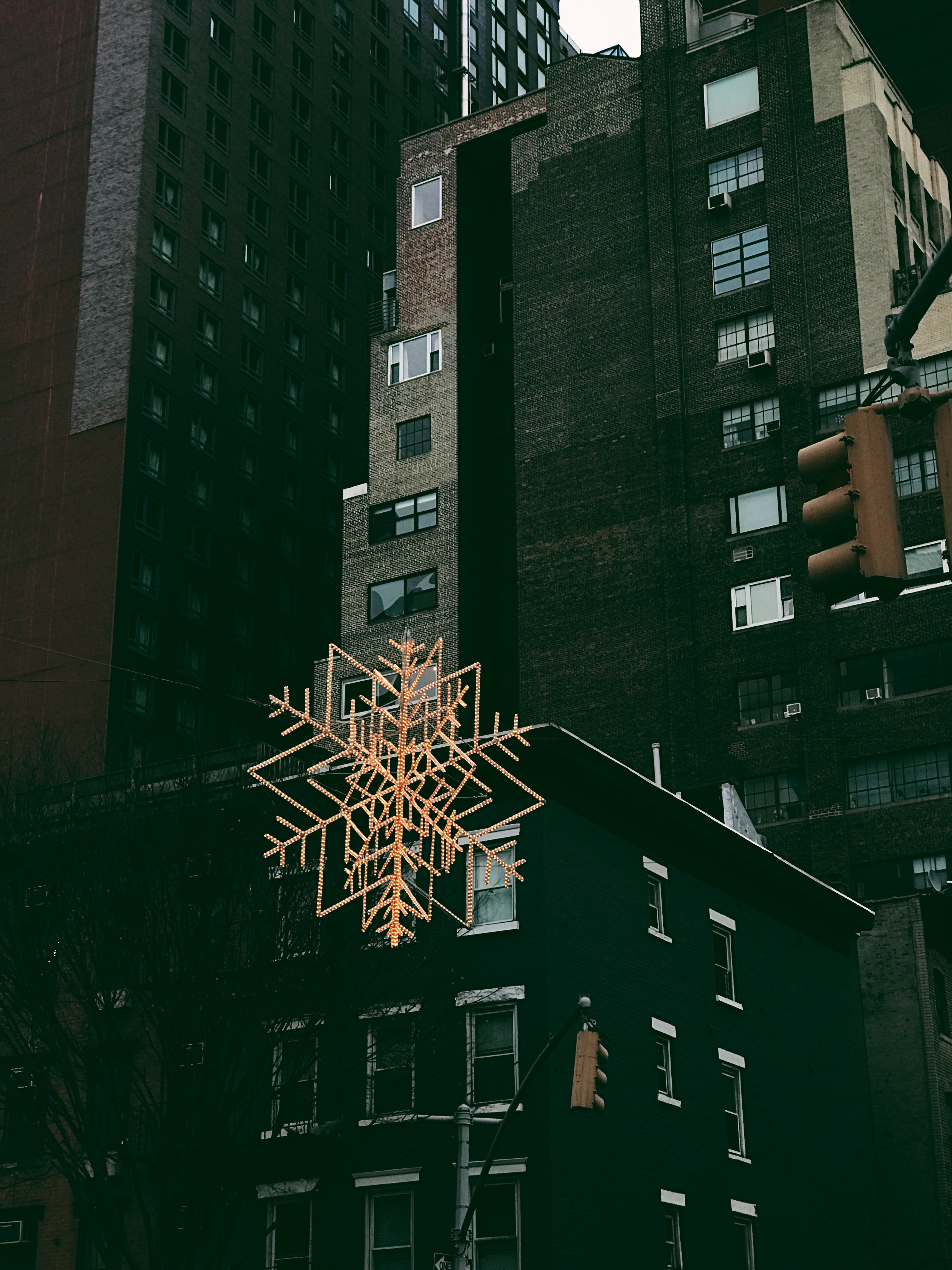 brown snowflake ornament hanging on black building