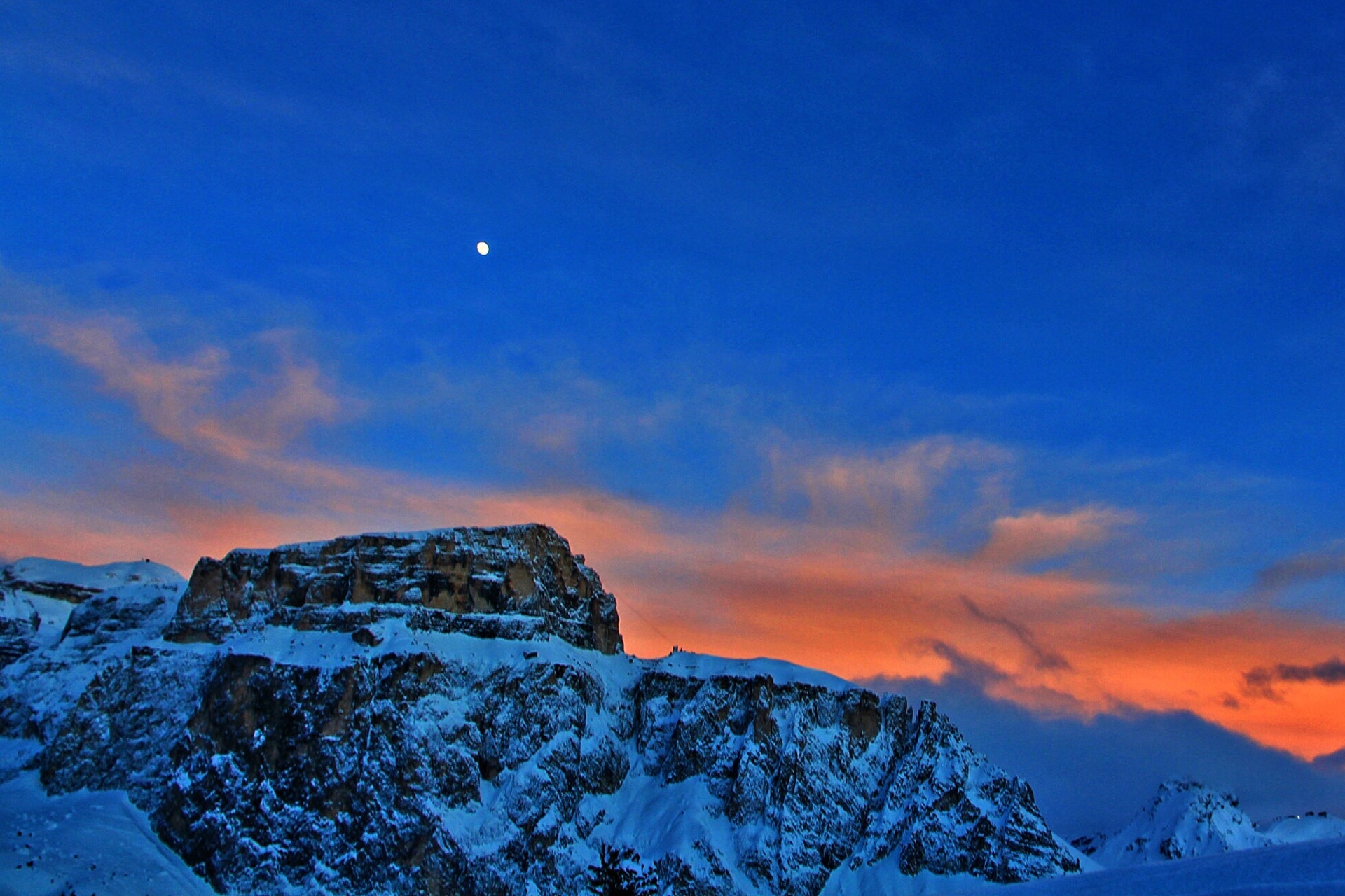 Pordoi Pass, Winter, Sunset, Luna, Sky, winter, snow