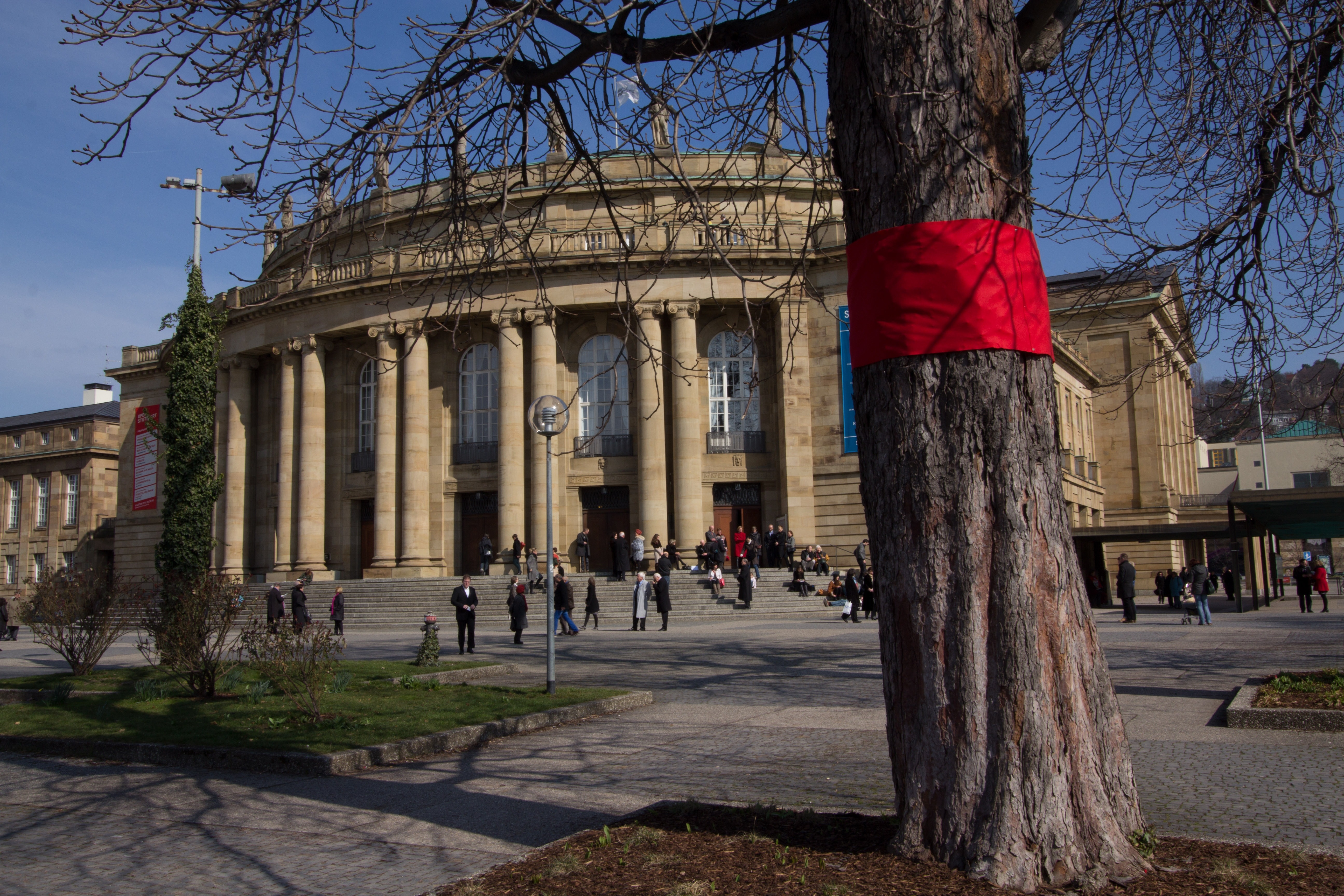 red flag on tree near brown building