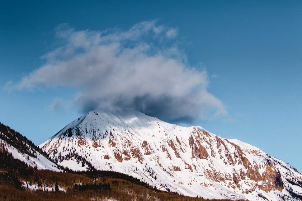 ice peak mountain covered with black clouds during daytime preview