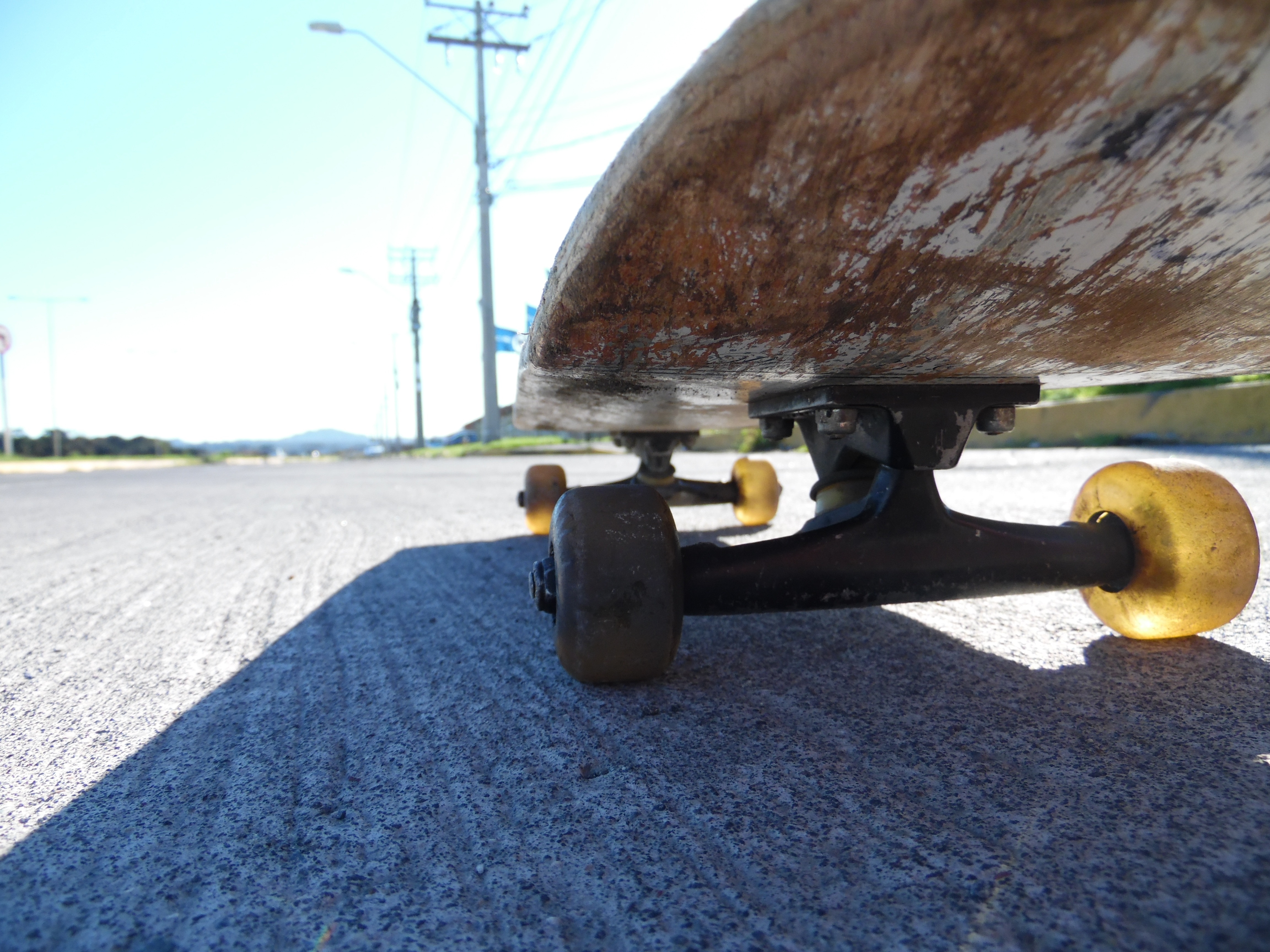 brown skateboard and black trucks