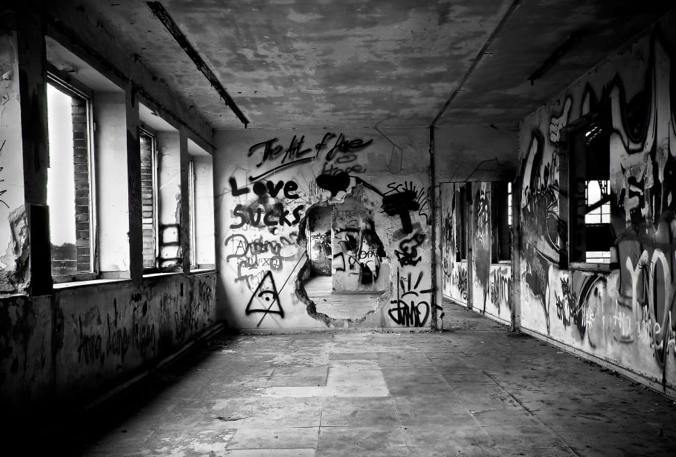 grayscale photo of concrete abandoned building with wall graffiti preview