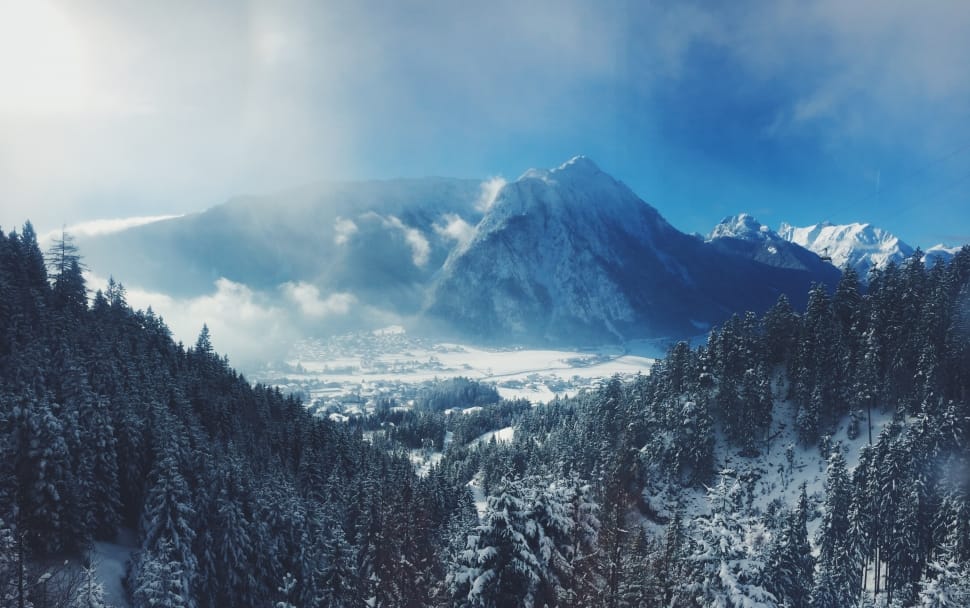 white snow mountain with green trees preview