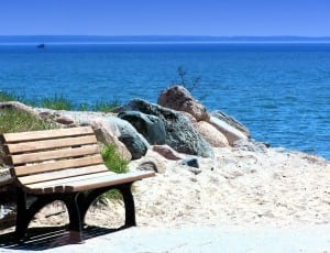brown wooden bench near beach thumbnail
