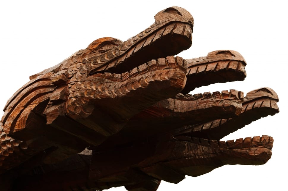 three headed dragon wooden sculpture preview