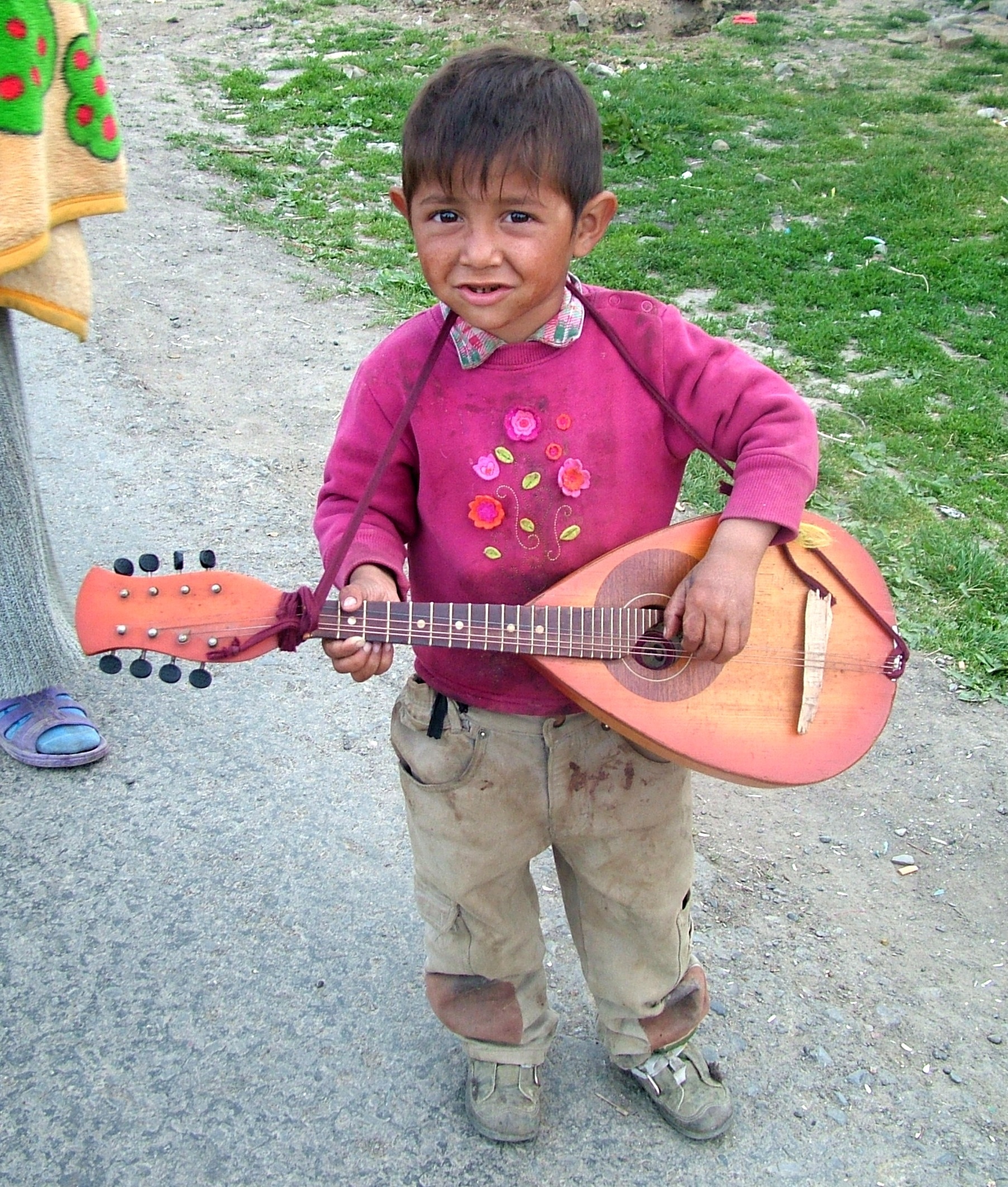 boy's pink floral collared sweater,brown cargo pants,gray shoes and brown string instrument