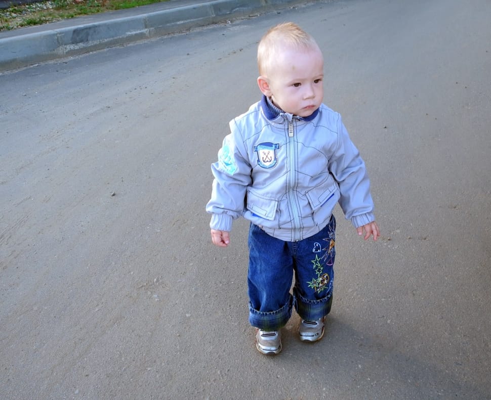 boy's gray zip jacket and blue denim jeans preview