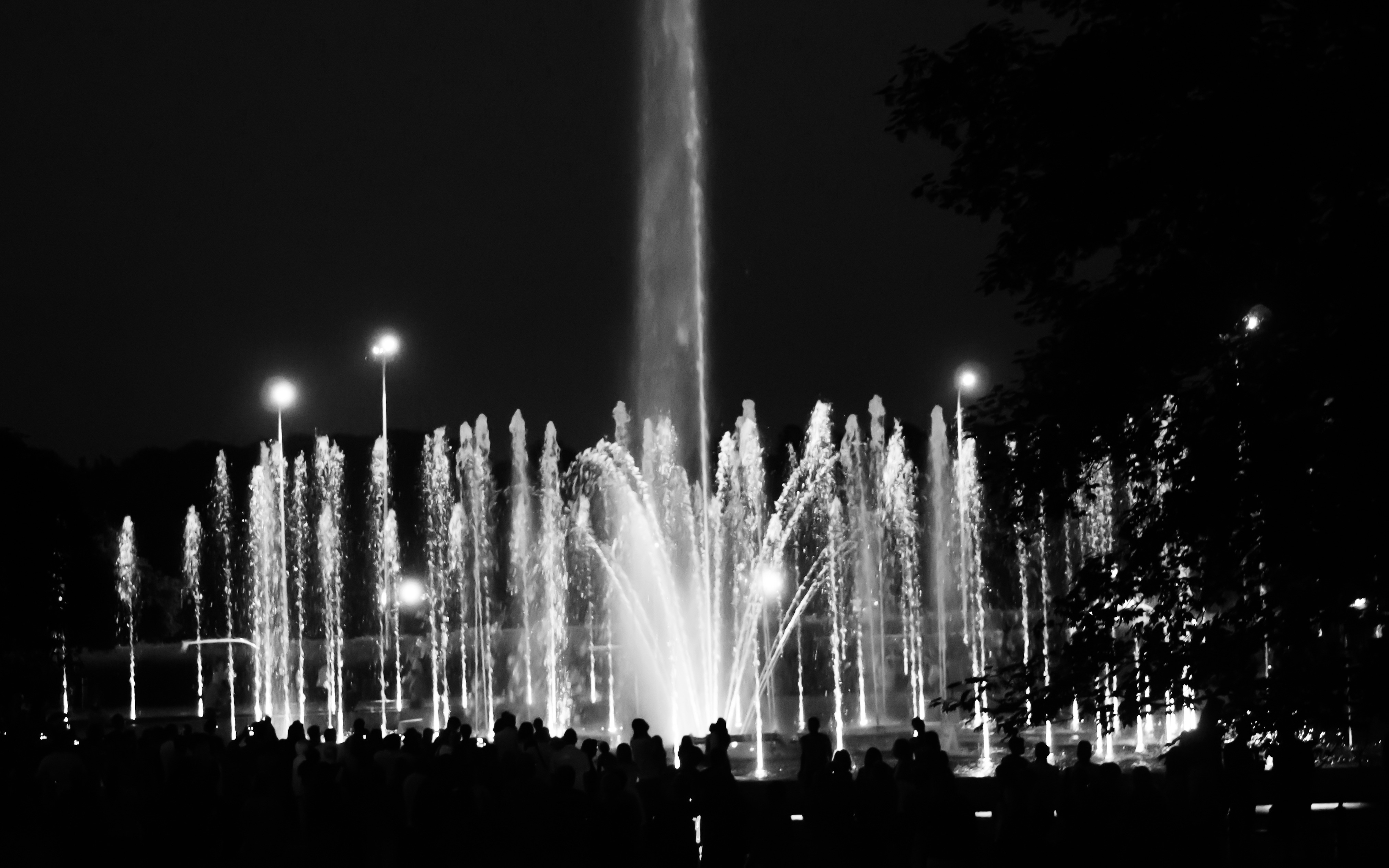 fountain grayscale photo during nighttime