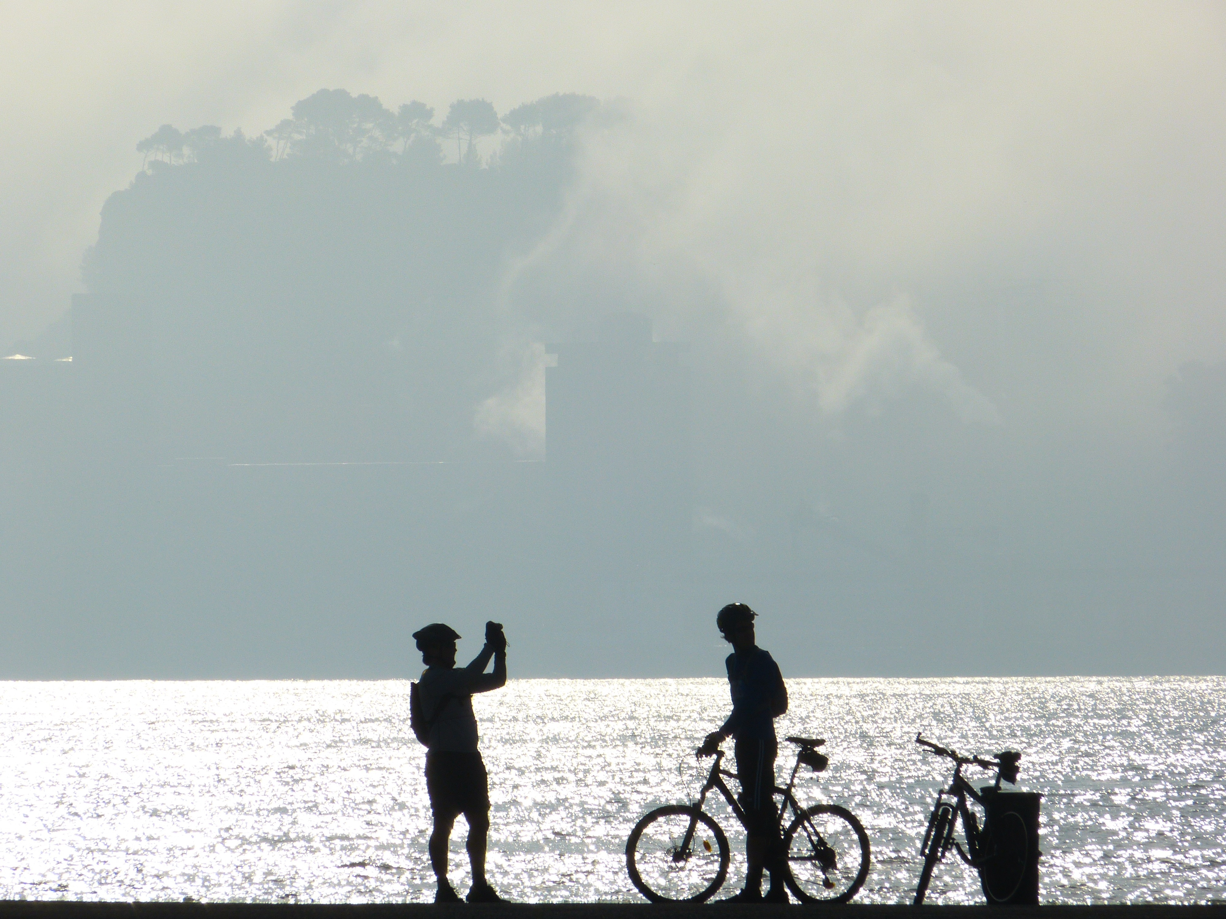 silhouette of men and bicycle