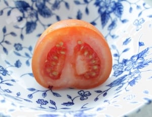 slice tomato on blue and white floral ceramic bowl thumbnail