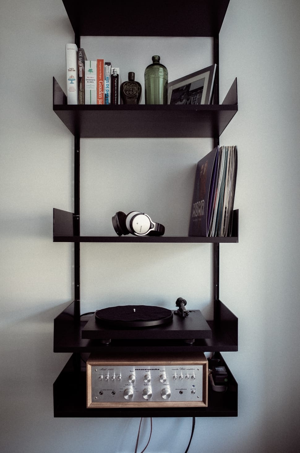 black vinyl record player and shelf preview