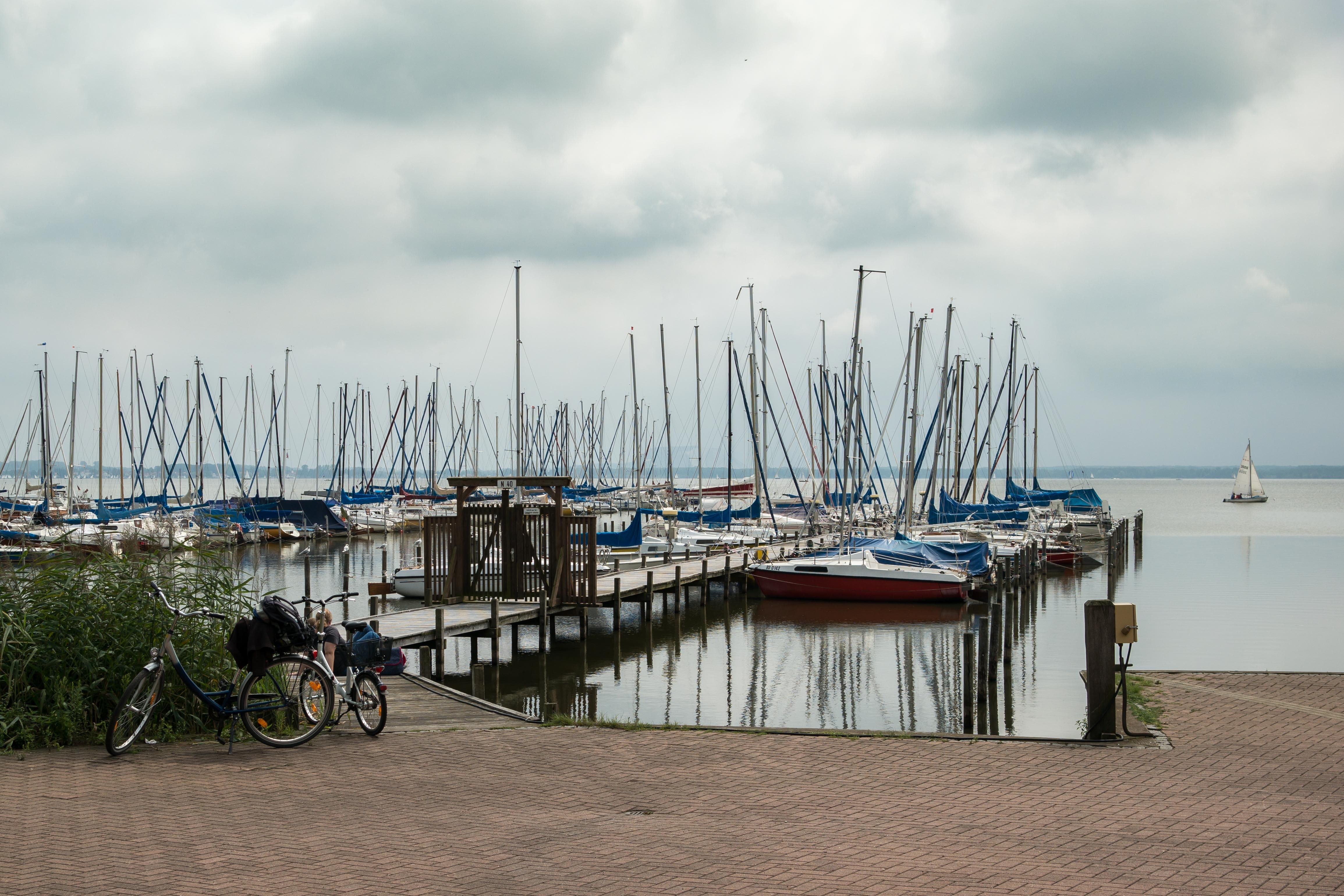 boats near dock near bike during daytime