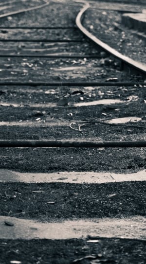 gray scale photo of train rail thumbnail