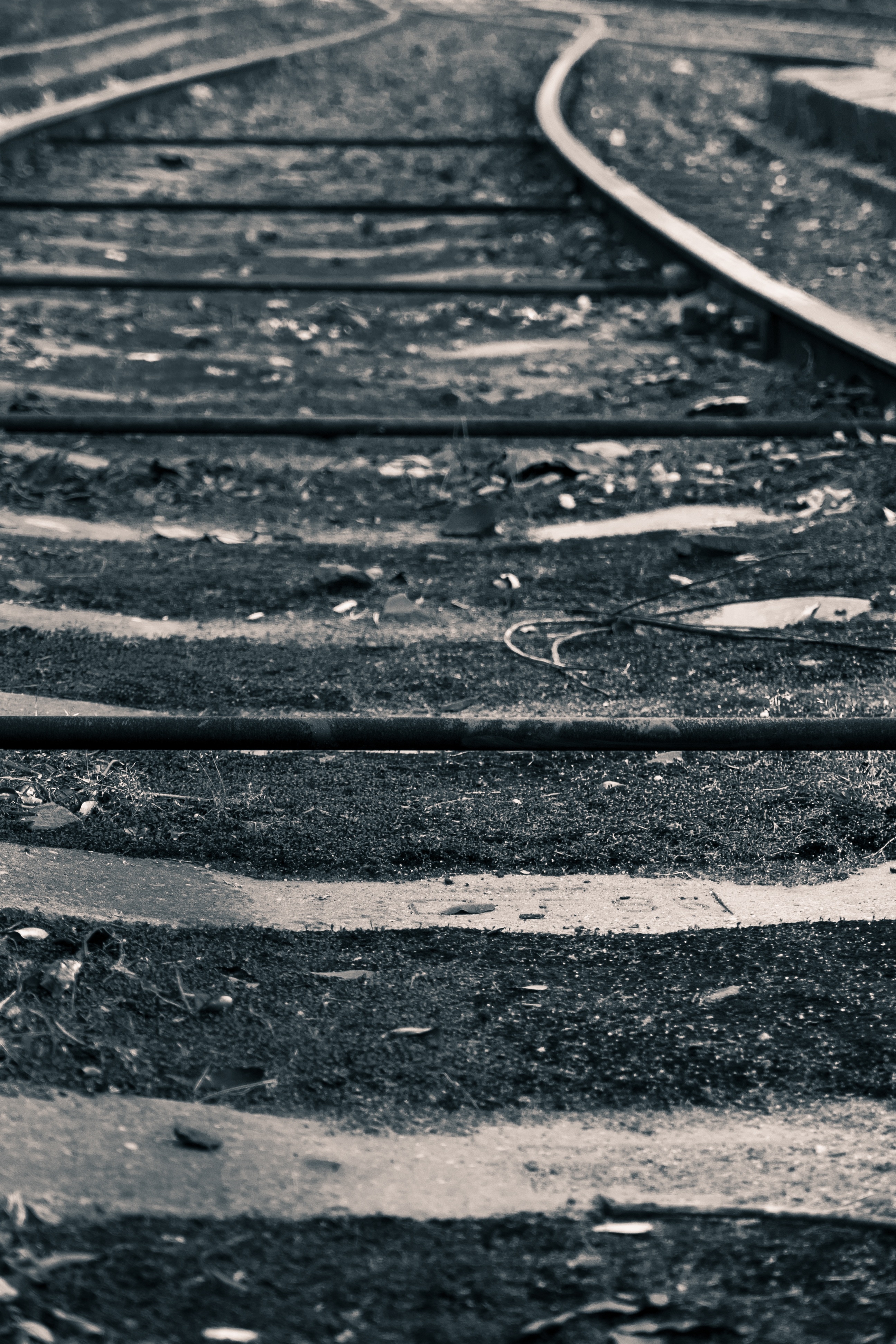 gray scale photo of train rail