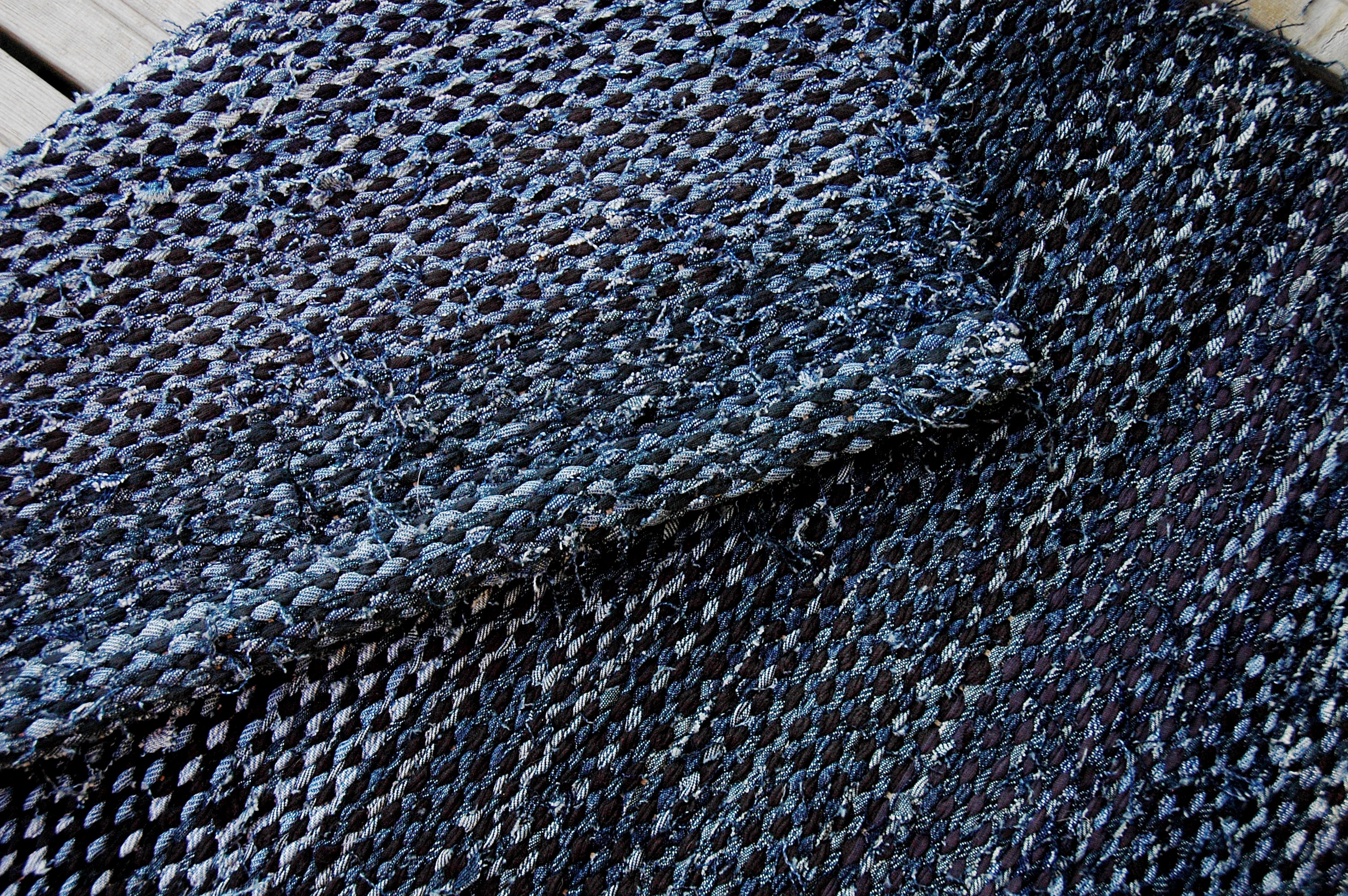 blue and white knitted textile