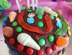 cupcake with chocolate coted with jelly candies thumbnail