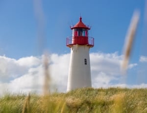white and red lighthouse under blue clear sky thumbnail