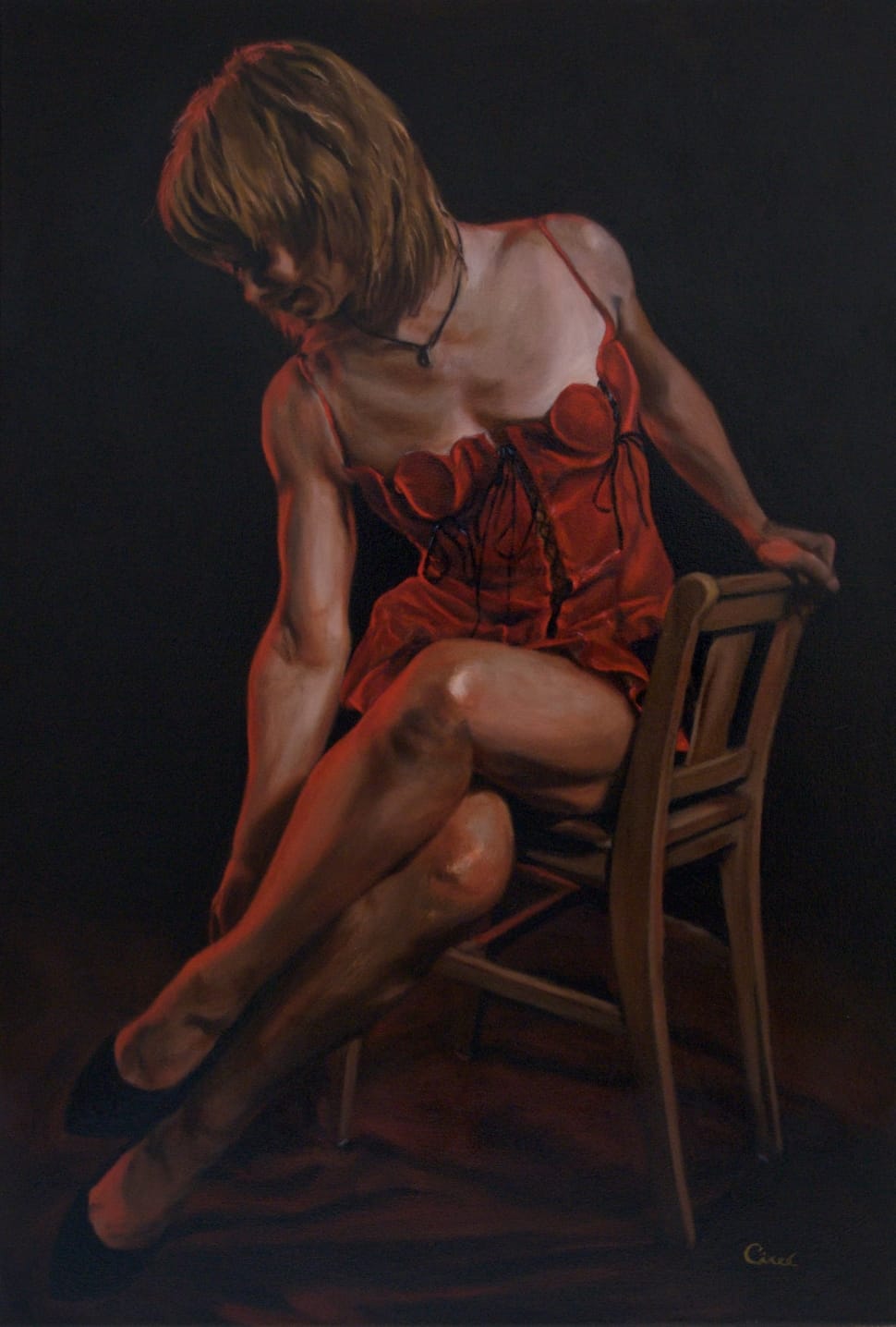 woman sitting on chair painting preview