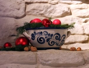 white and blue ceramic bowl with christmas baubles thumbnail