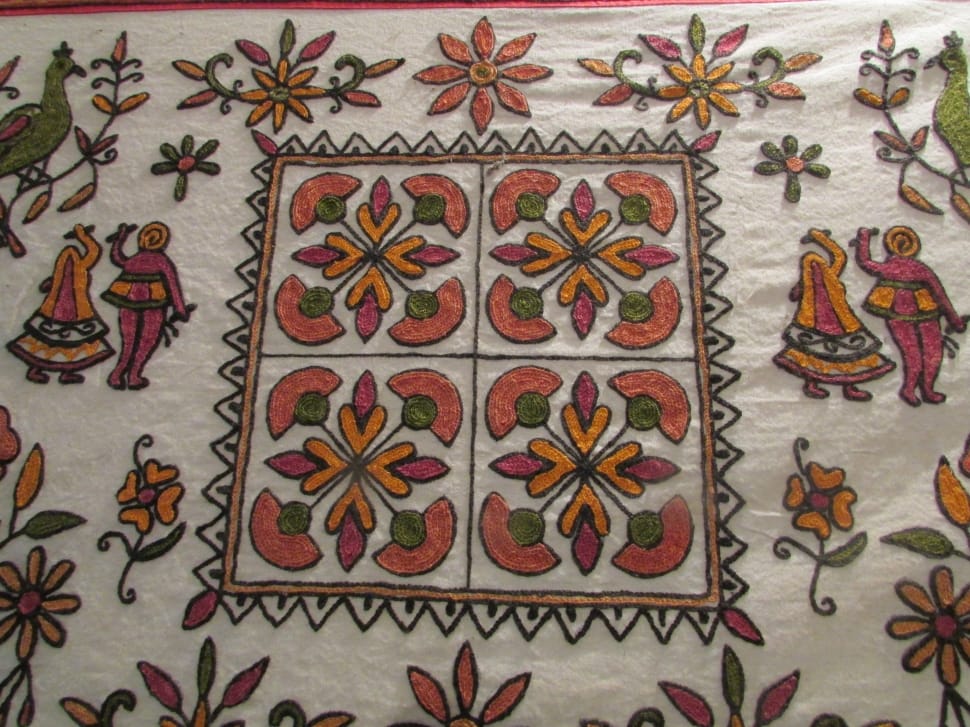 white green purple and orange floral textile preview