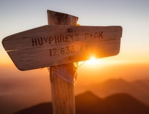 close-up photo of humphreys peak 12,633 feet wooden sign during golden hour thumbnail