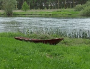 brown wooden boat on green grass field thumbnail