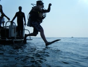 person in diving apparel jumping towards sea during daytime thumbnail
