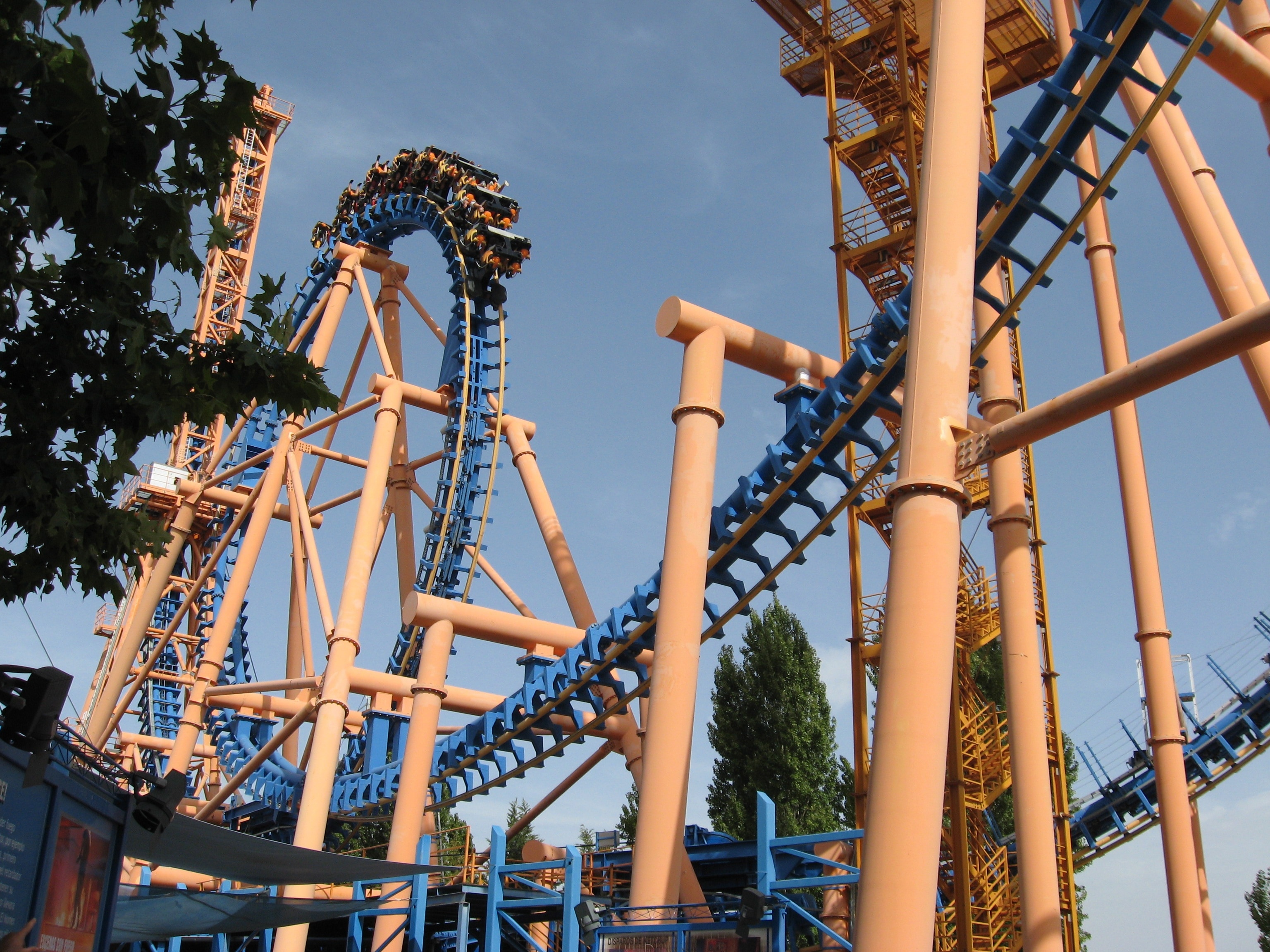 white and blue roller coaster rail