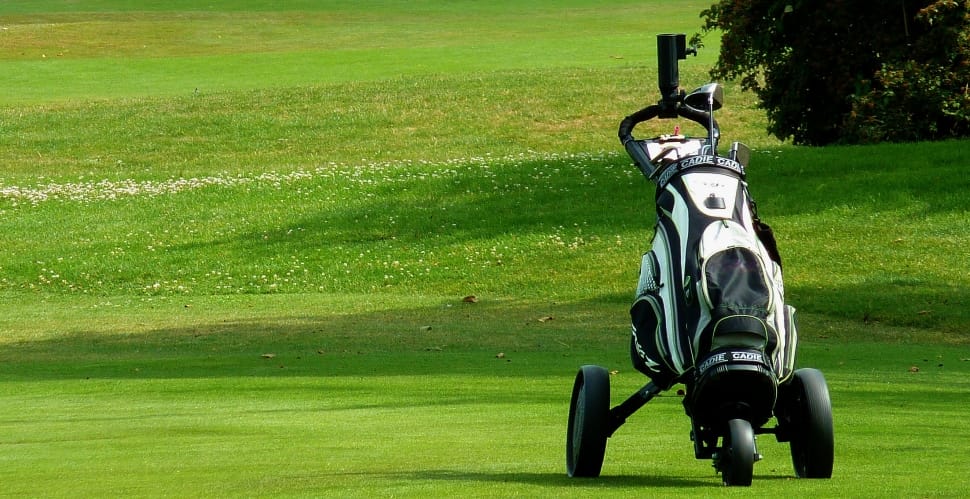 black and white golf club set with golf bag cart free image | Peakpx