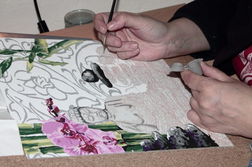 grey pink and black floral buddha painting preview