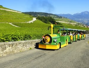 green and yellow wheeled steam locomotive train style vehicle thumbnail